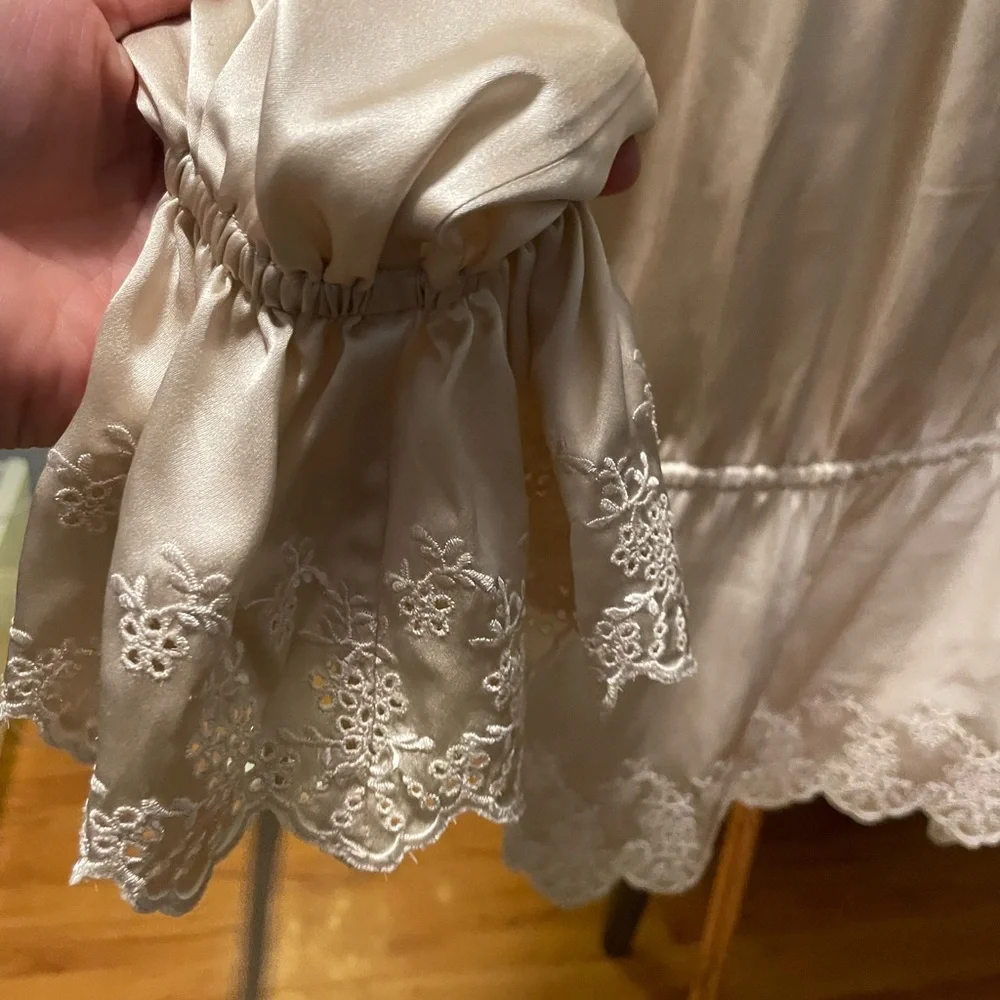 Reformation Cream Satin Lace-Trim Peasant Blouse